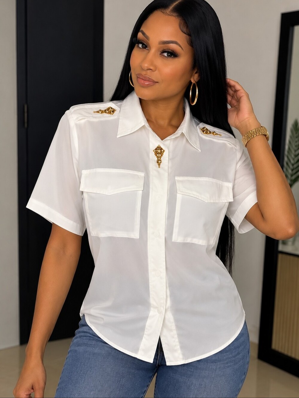 Vintage Notations White Short-Sleeve Button-Down Shirt with Gold Embellishments
